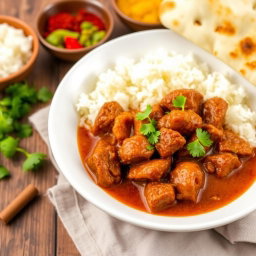 A delicious bowl of beef curry, showcasing tender chunks of beef simmered in a rich, aromatic sauce made with spices like cumin, coriander, and turmeric