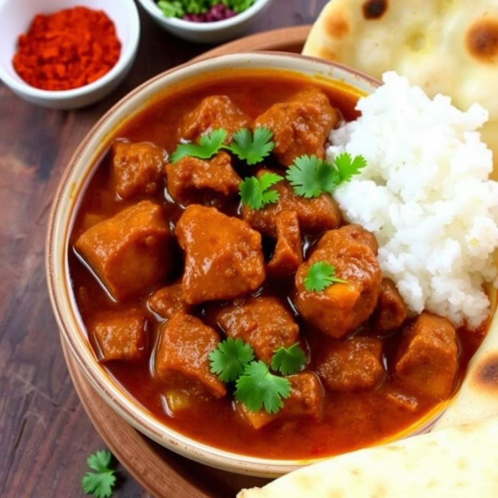 A delicious bowl of beef curry, showcasing tender chunks of beef simmered in a rich, aromatic sauce made with spices like cumin, coriander, and turmeric