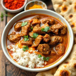 A delicious bowl of beef curry, showcasing tender chunks of beef simmered in a rich, aromatic sauce made with spices like cumin, coriander, and turmeric