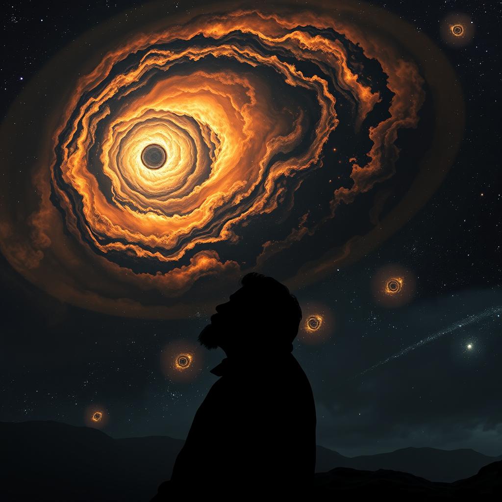 A thought-provoking scene representing Nietzsche's philosophy of nihilism set in a vast, dark space