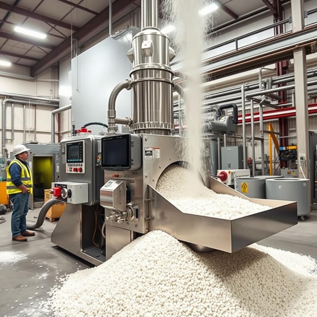 A detailed industrial scene showcasing a granulator machine inside a factory, actively producing fine granules from white bentonite