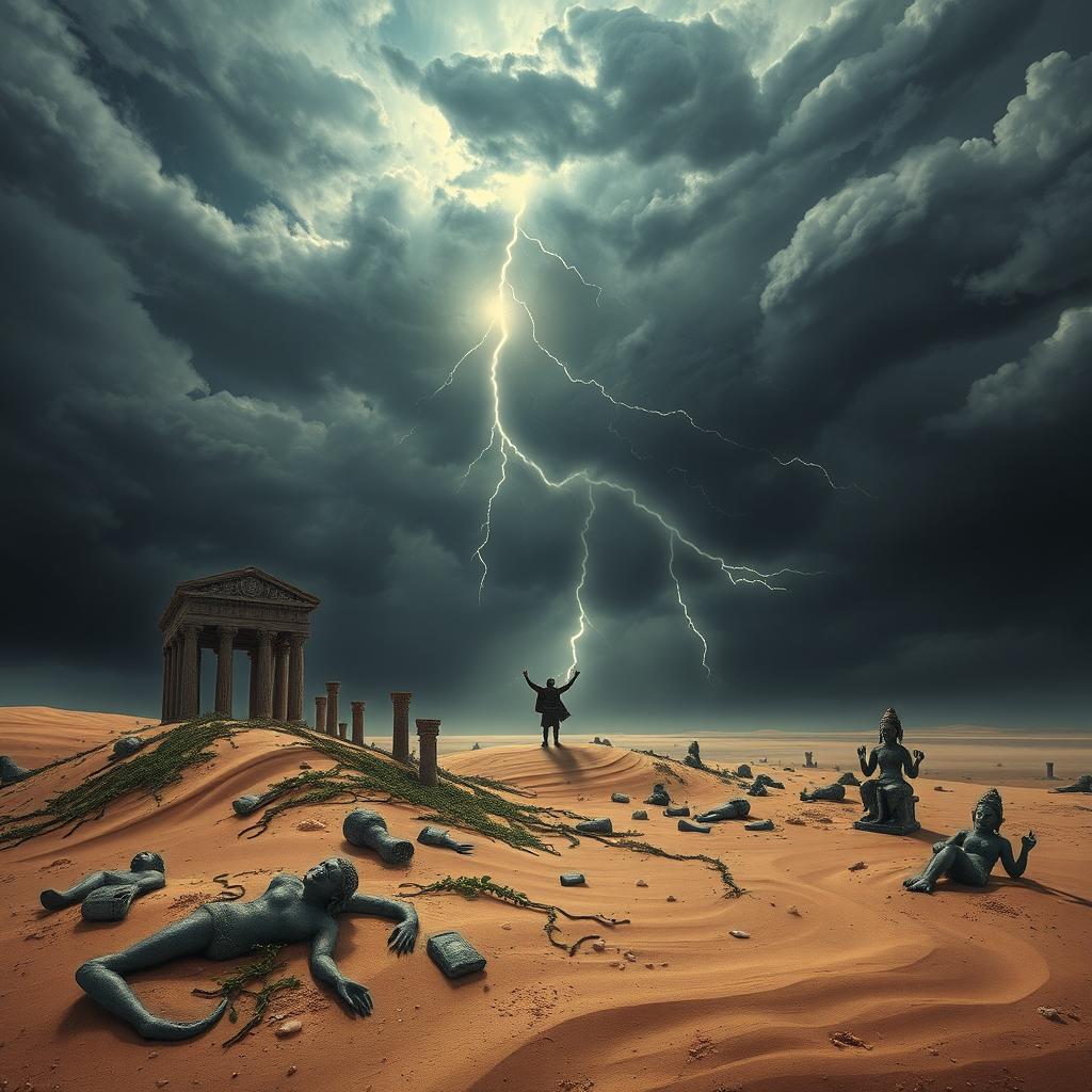 A thought-provoking depiction of the phrase 'God is dead' illustrated through a surreal landscape