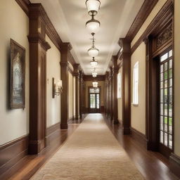 A very long and expansive hallway with architectural details derived from the design elements in the provided link.