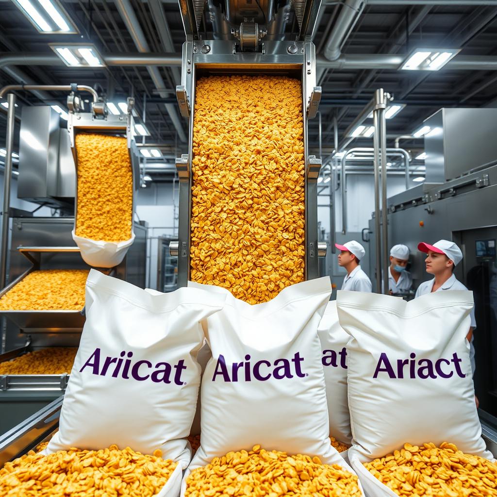 A vibrant scene of a modern packing facility where golden granola is being transferred to packaging machines
