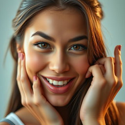 A stunning 20-year-old woman with an alluring expression, featuring a playful and confident demeanor