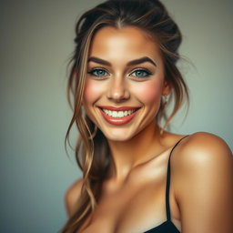 A stunning 20-year-old woman with an alluring expression, featuring a playful and confident demeanor