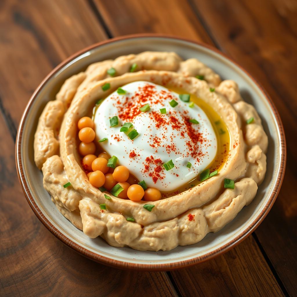 A vibrant and appealing plate of Fattah Hummus, featuring whole chickpeas and topped with a generous serving of creamy yogurt