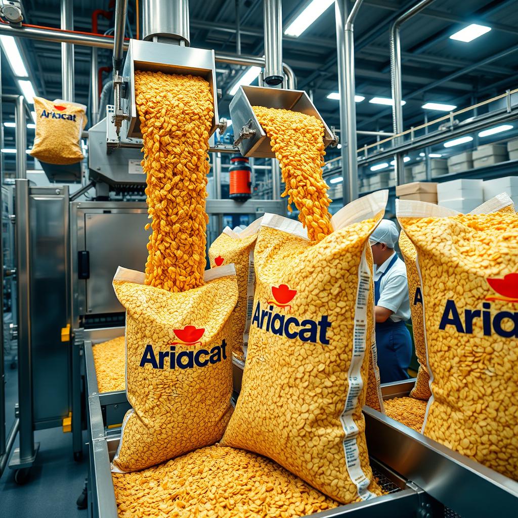 A vibrant scene of a modern packing facility where golden granola is being transferred to packaging machines