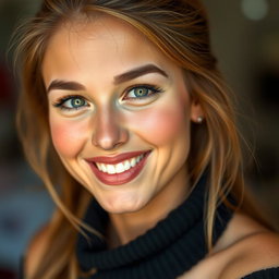 A stunning 20-year-old woman exuding confidence and allure, with a captivating expression that suggests playfulness and charm