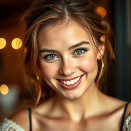 A stunning 20-year-old woman exuding confidence and allure, with a captivating expression that suggests playfulness and charm