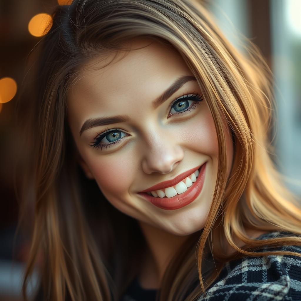 A stunning 20-year-old woman exuding confidence and allure, with a captivating expression that suggests playfulness and charm