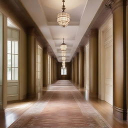 A very long and expansive hallway with architectural details derived from the design elements in the provided link.