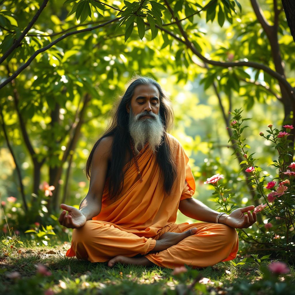 A serene Indian ascetic meditating in a lush natural setting, surrounded by vibrant green trees and flowering plants