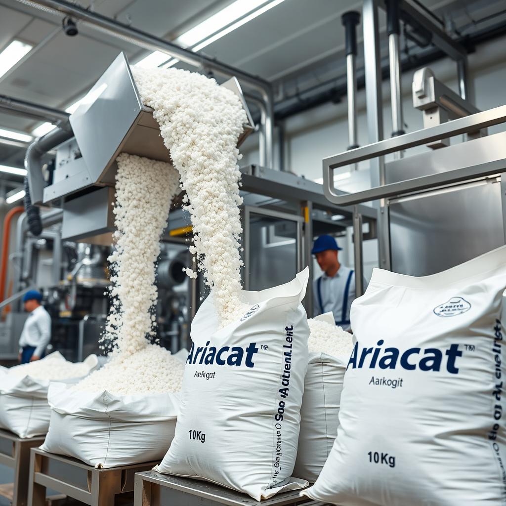 A vibrant scene of a modern packing facility where white granulated bentonite is being transferred to packaging machines