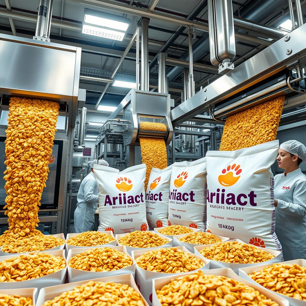 A vibrant scene of a modern packing facility where golden granola is being transferred to packaging machines