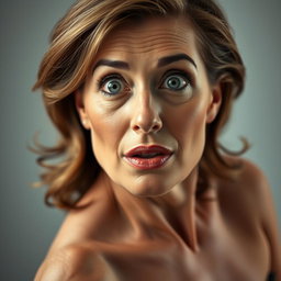 A stunning 60-year-old woman facing the camera with a look of surprise on her face, embodying a sensual and captivating pose