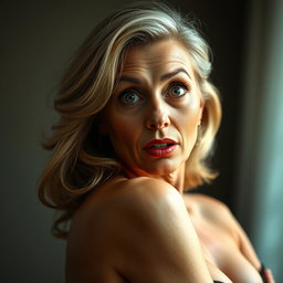 A stunning 60-year-old woman facing the camera with a look of surprise on her face, embodying a sensual and captivating pose