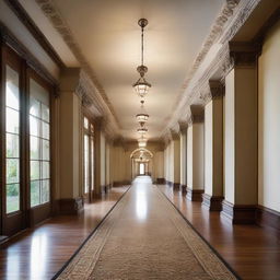 A very long and expansive hallway with architectural details derived from the design elements in the provided link.