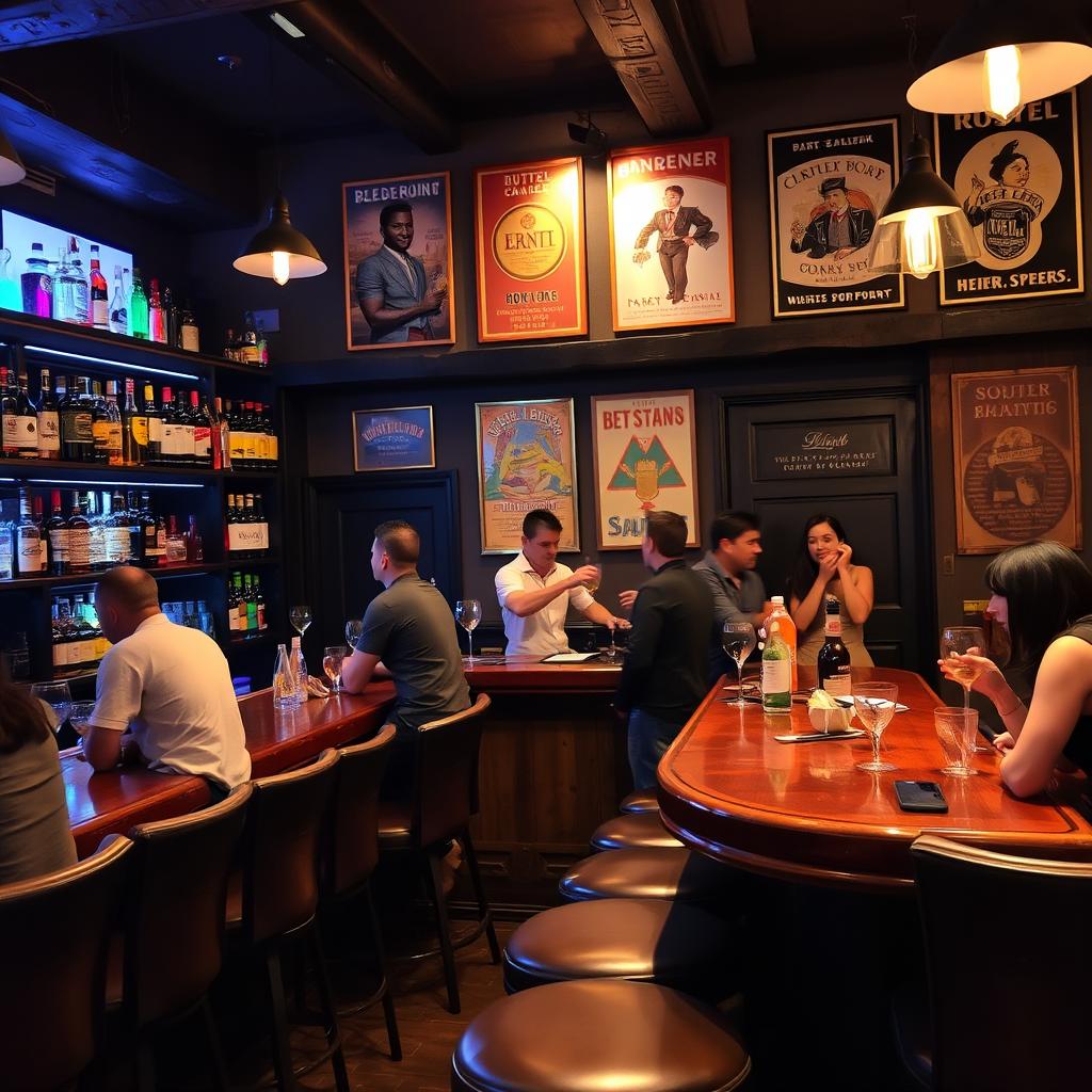A cozy, inviting bar setting with a rustic wooden counter, dim lighting, and comfortable leather stools