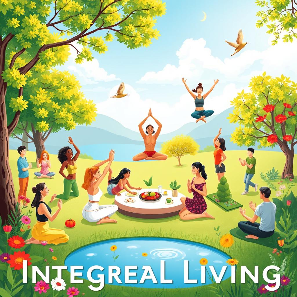 A vibrant and holistic depiction of integral living, showcasing the harmonious balance between mind, body, and spirit