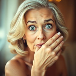 A stunning 60-year-old woman facing the camera with a look of surprise on her face, captured in a sensual pose