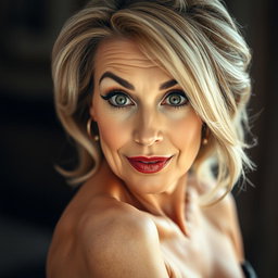 A stunning 60-year-old woman facing the camera with a look of surprise on her face, captured in a sensual pose