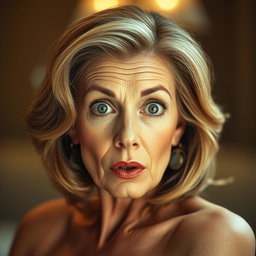 A stunning 60-year-old woman facing the camera with a look of surprise on her face, captured in a sensual pose