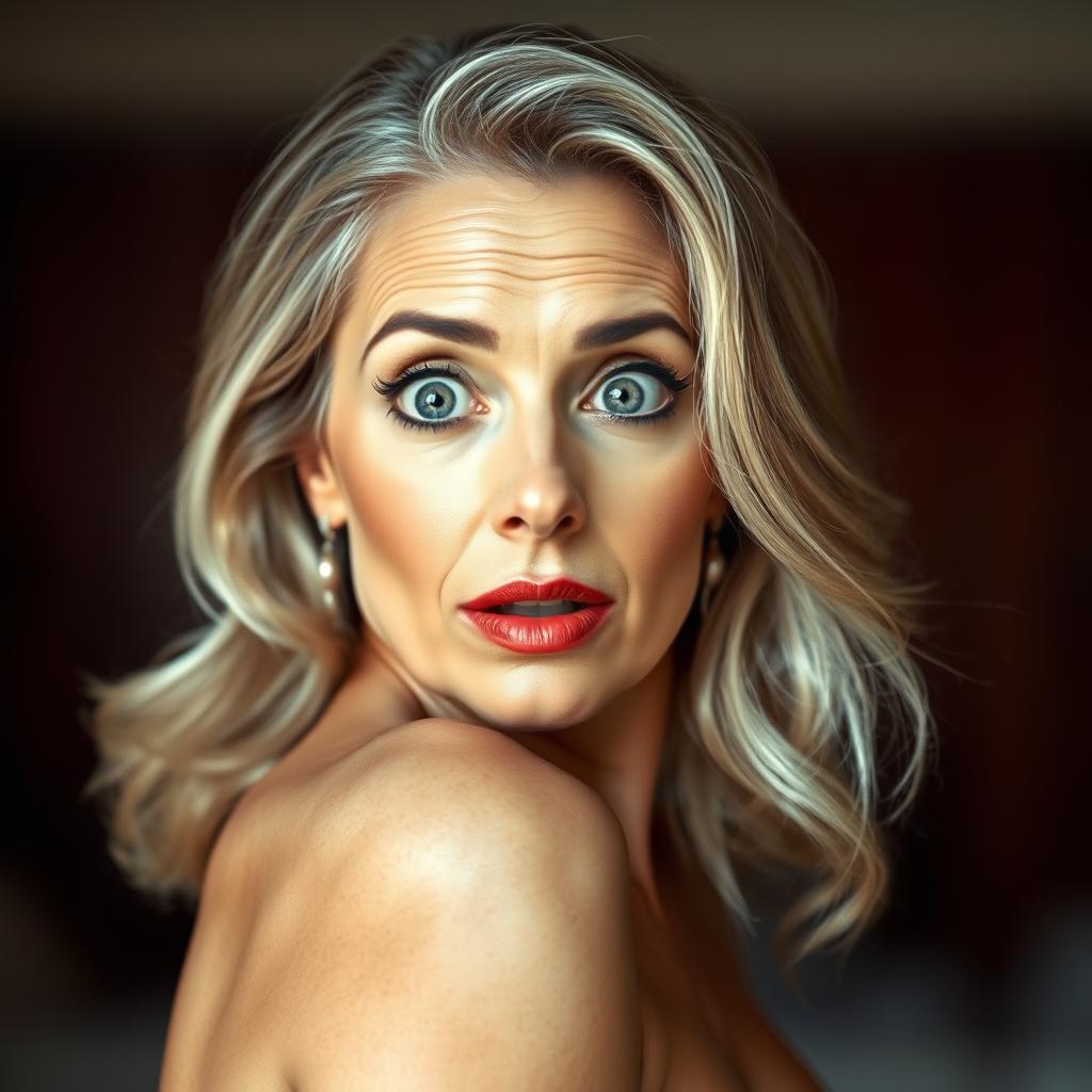 A stunning 60-year-old woman facing the camera with a look of surprise on her face, captured in a sensual pose