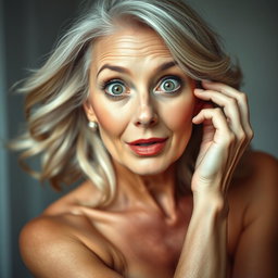 A beautiful 60-year-old woman facing the camera with a surprised expression on her face, captured in a sensual pose