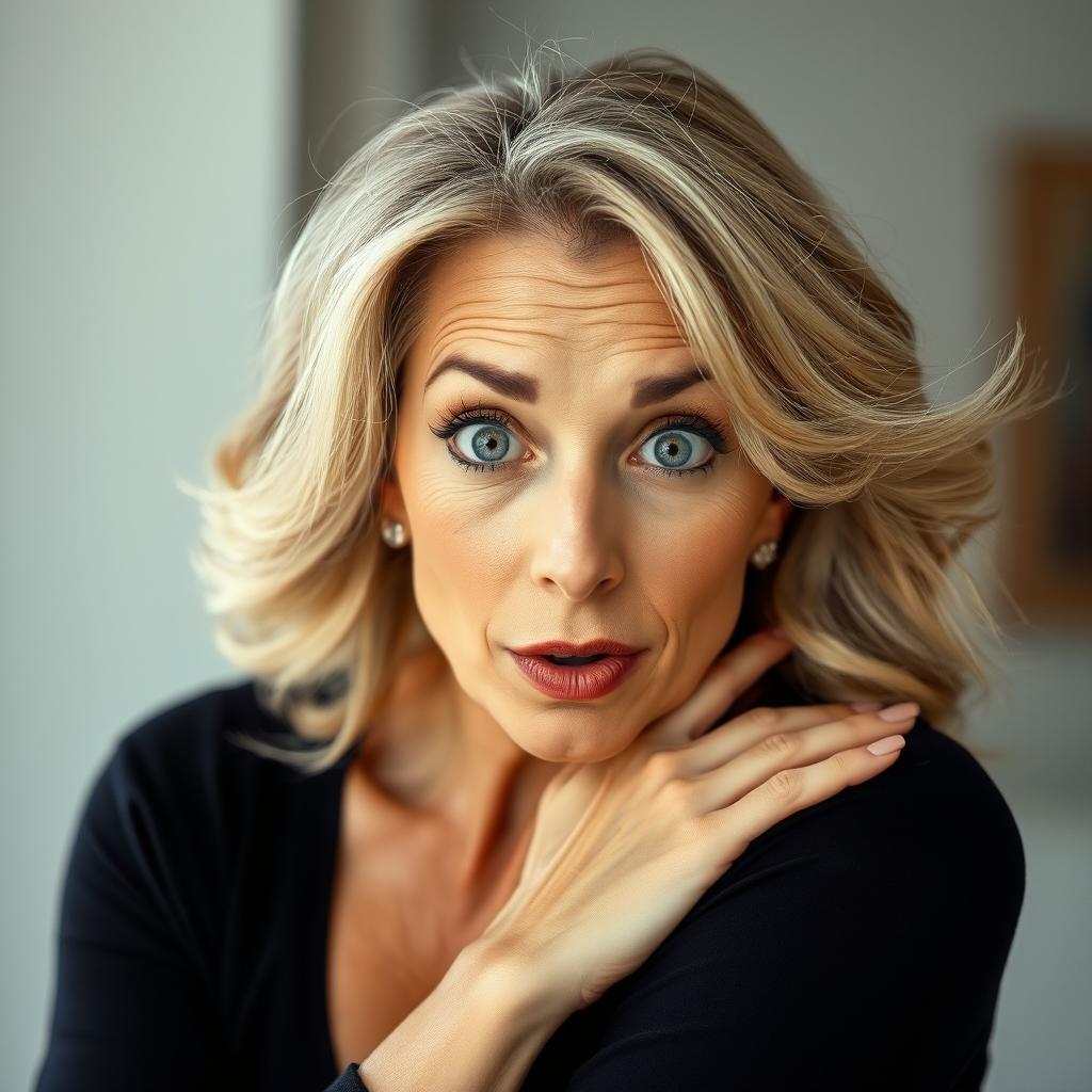 A beautiful 60-year-old woman facing the camera with a surprised expression on her face, captured in a sensual pose
