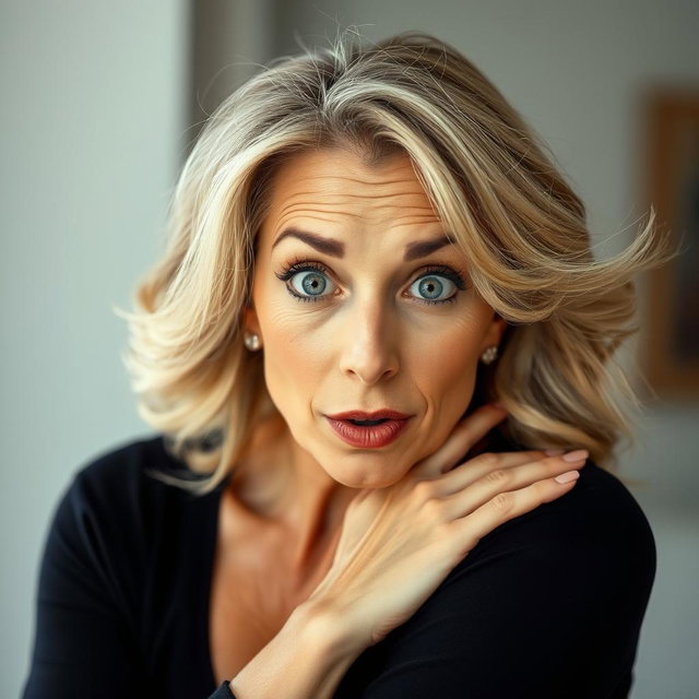 A beautiful 60-year-old woman facing the camera with a surprised expression on her face, captured in a sensual pose