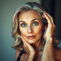 A beautiful 60-year-old woman facing the camera with a surprised expression on her face, captured in a sensual pose