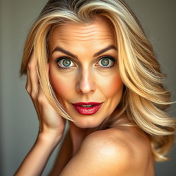 A beautiful 60-year-old woman facing the camera with a surprised expression on her face, captured in a sensual pose