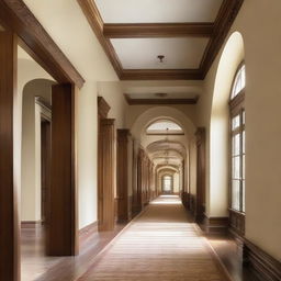 A very long and expansive hallway with architectural details derived from the design elements in the provided link.
