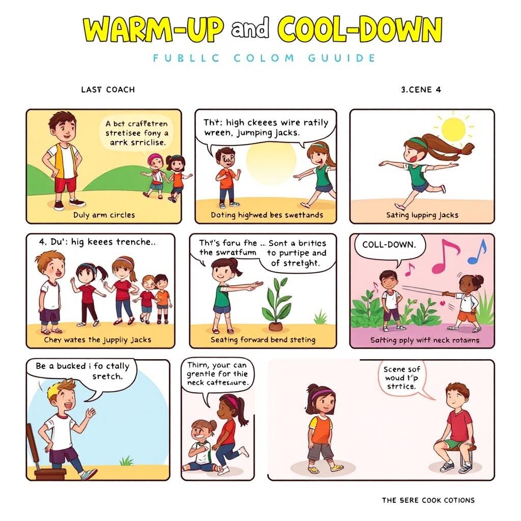 A 10-scene comic strip illustrating a fun and engaging guide on warm-up and cool-down exercises