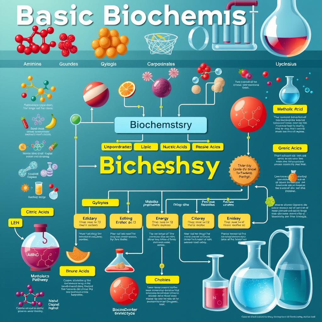 A detailed and educational illustration showcasing the fundamentals of basic biochemistry