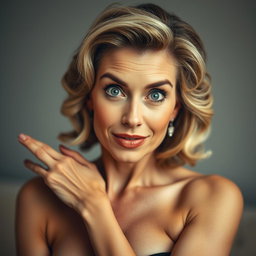 A gorgeous 60-year-old woman facing the camera with a surprised expression, posed in a sensual manner
