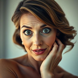 A gorgeous 60-year-old woman facing the camera with a surprised expression, posed in a sensual manner