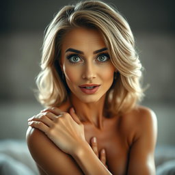 A gorgeous 60-year-old woman facing the camera with a surprised expression, posed in a sensual manner