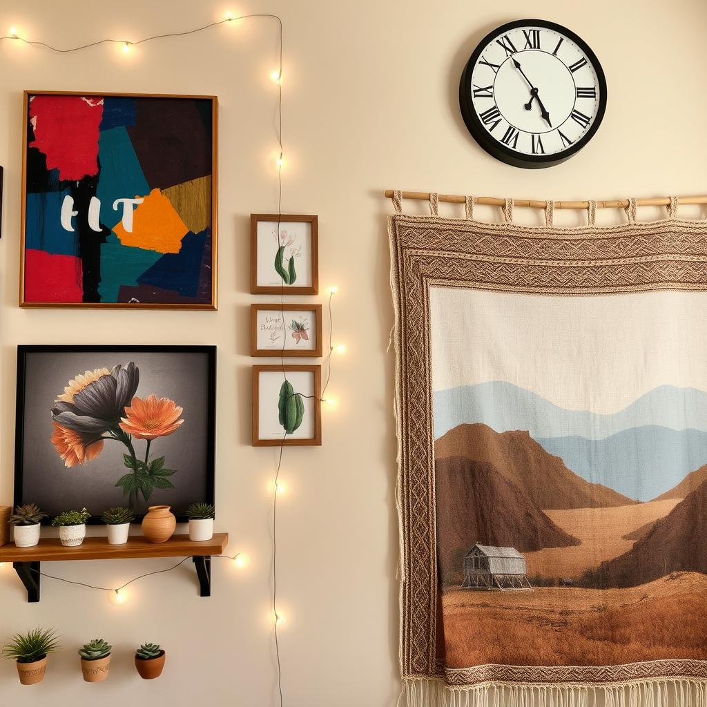 A stunningly decorated wall showcasing a mix of art styles, including an abstract painting in vibrant colors, a gallery of framed vintage botanicals, and a large, intricately woven tapestry of a serene landscape