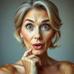 A stunning 60-year-old woman facing the camera with a surprised expression, posed in a sensual manner