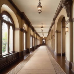 A very long and expansive hallway with architectural details derived from the design elements in the provided link.