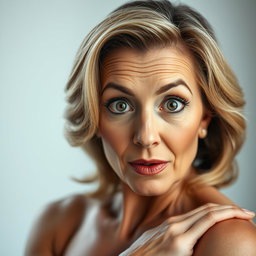 A stunning 60-year-old woman facing the camera with a surprised expression, posed in a sensual manner