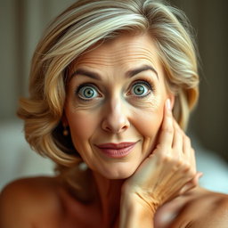 A stunning 60-year-old woman facing the camera with a surprised expression, posed in a sensual manner