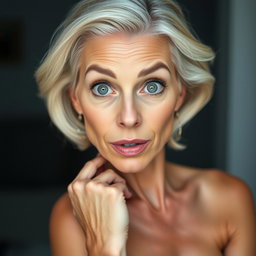 A stunning 60-year-old woman facing the camera with a surprised expression, posed in a sensual manner