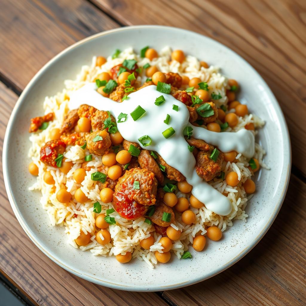 A delicious plate of traditional Egyptian Fattah, made with whole chickpeas and topped with creamy yogurt