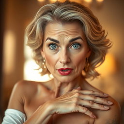 A stunning 60-year-old woman directly facing the camera with a surprised expression, posed in a sensual manner