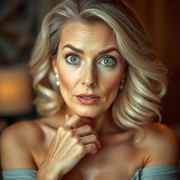 A stunning 60-year-old woman directly facing the camera with a surprised expression, posed in a sensual manner