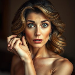 A stunning 60-year-old woman directly facing the camera with a surprised expression, posed in a sensual manner