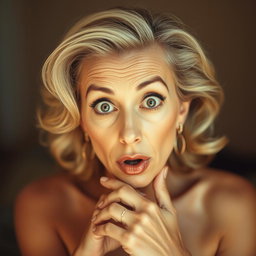 A stunning 60-year-old woman directly facing the camera with a surprised expression, posed in a sensual manner